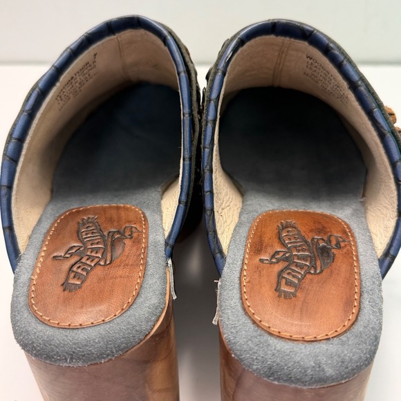 Freebird Woodstock Blue Croc Embossed Leather Wood Platform Clogs 7 Festival - Picture 10 of 10
